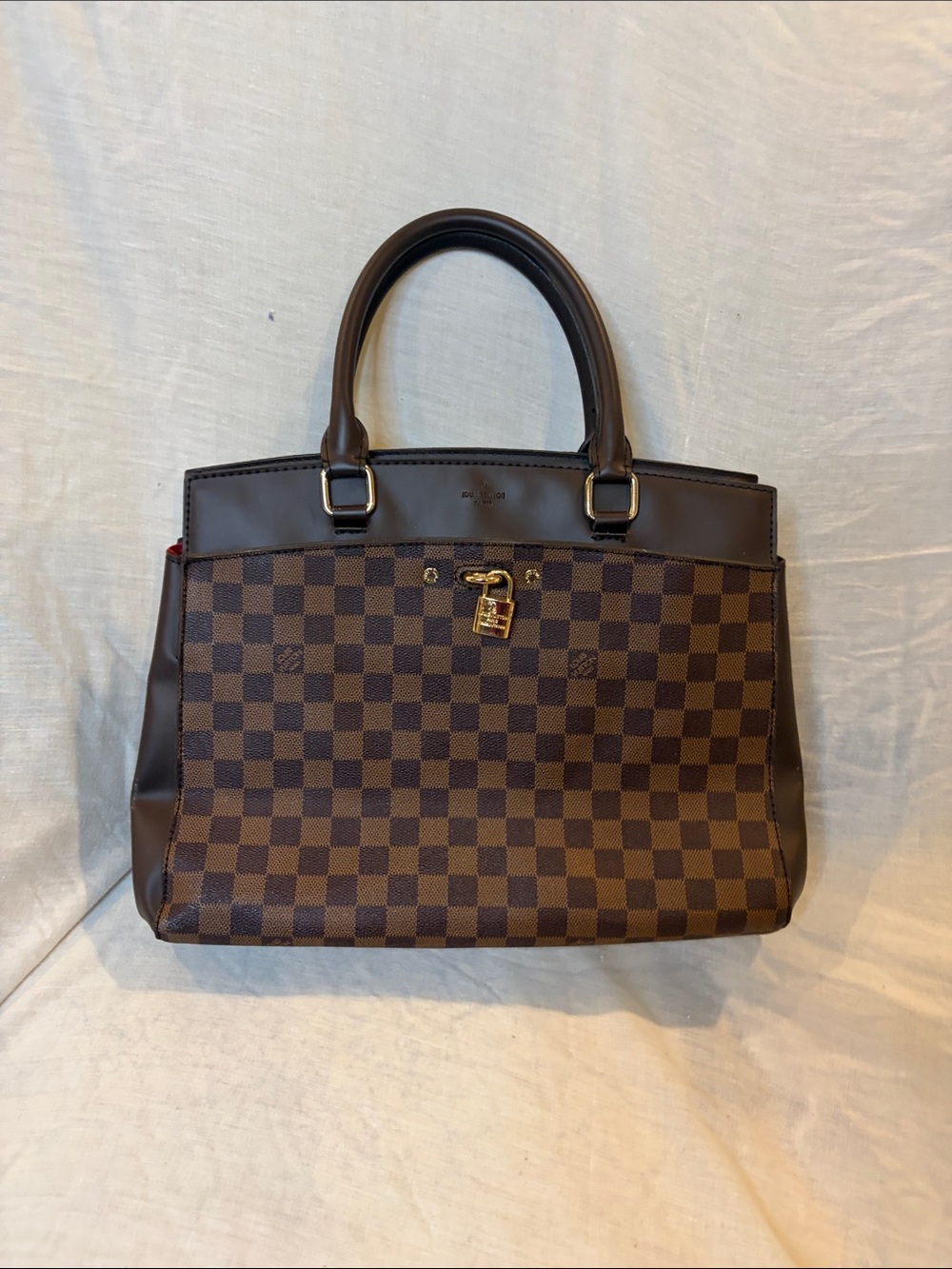 Louis Vuitton Brown Checkered Satchel with Gold Hardware